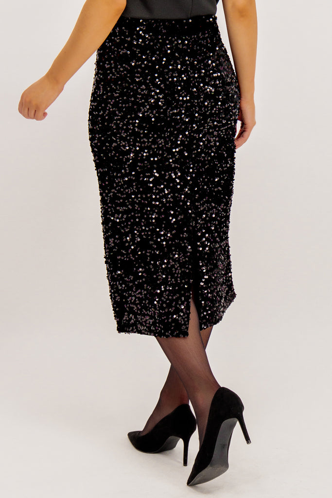 Kam Black Sequins High Waisted Midi Skirt