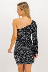 Nylla One Shoulder Black Velvet Sequin Dress