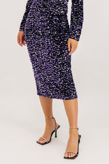 Kam Purple & Silver Sequin High Waisted Midi Skirt