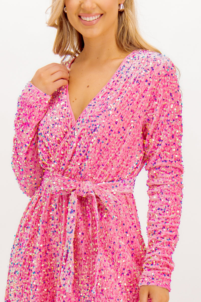 Ella Pink Sequins Wrap Dress