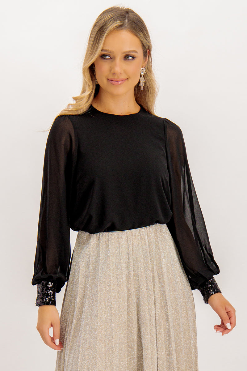 Mina Black Sequin Cuff Top