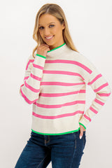 Libi High Neck Pink Stripe Knit With Green Contrast