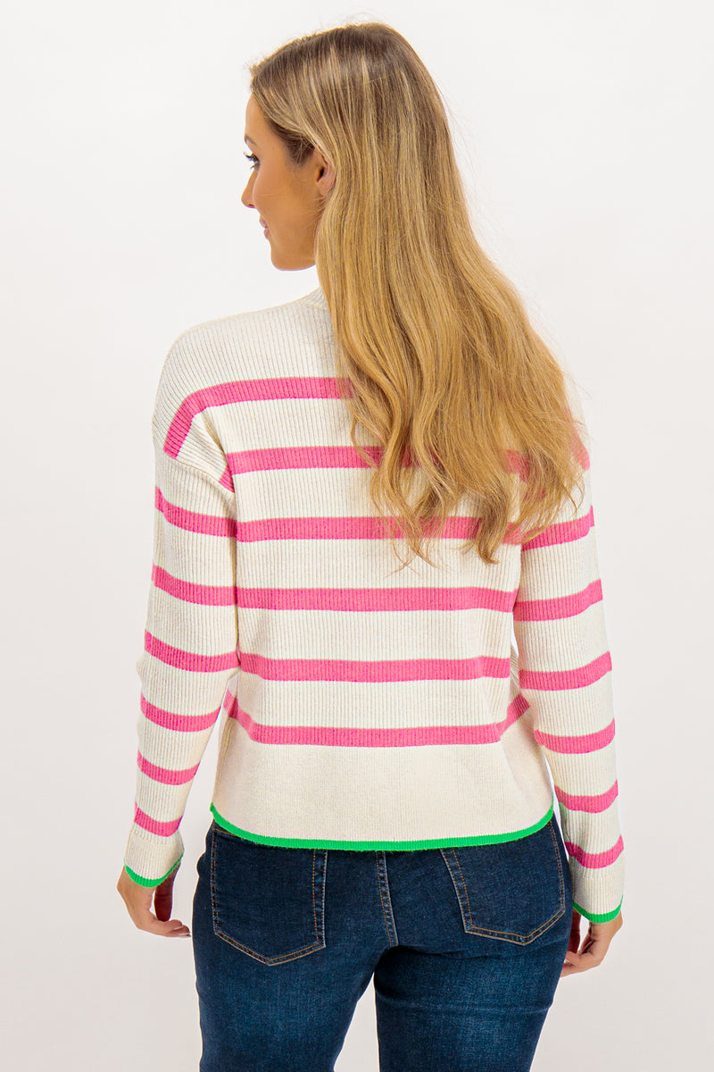 Libi High Neck Pink Stripe Knit With Green Contrast