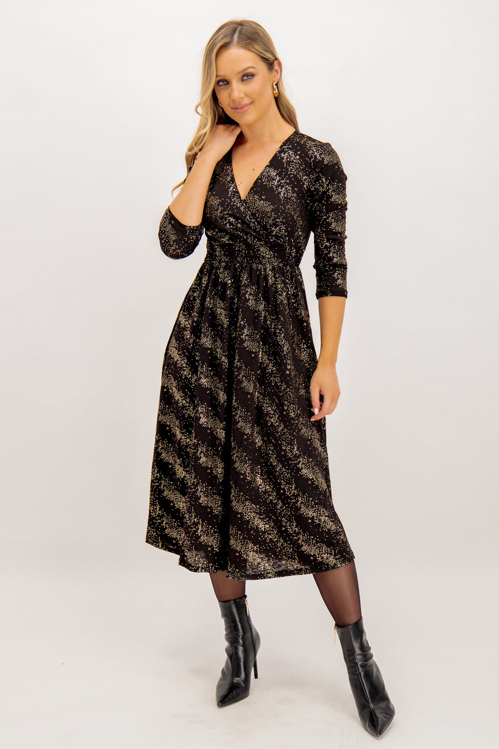 Pella Gold Drizzle Dot Black Wrap Dress