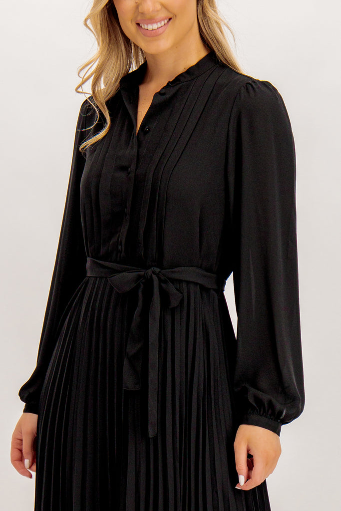 Elvira Black Pleated Midi Dress.