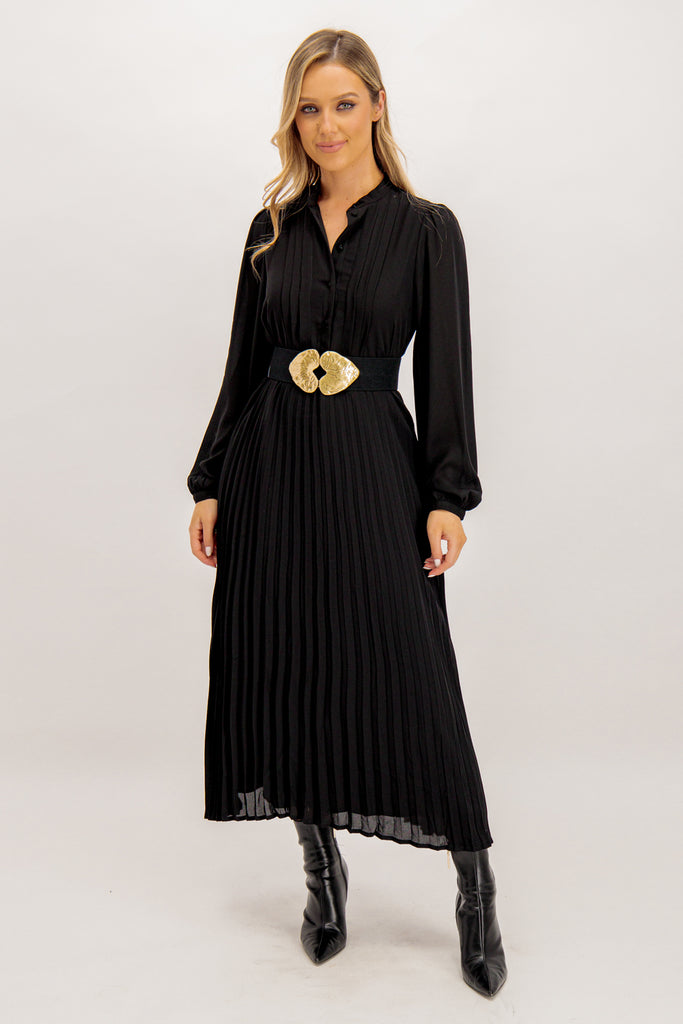 Elvira Black Pleated Midi Dress.