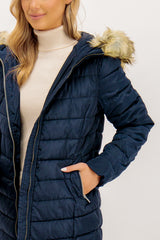 Ellan Quilted Navy Faux Fur Hooded Coat