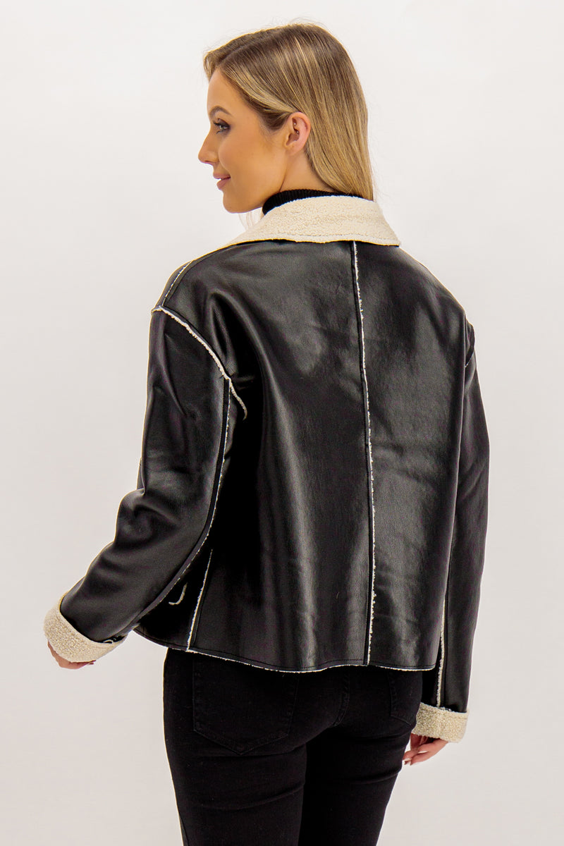 Franny Short Black PU Teddy Jacket
