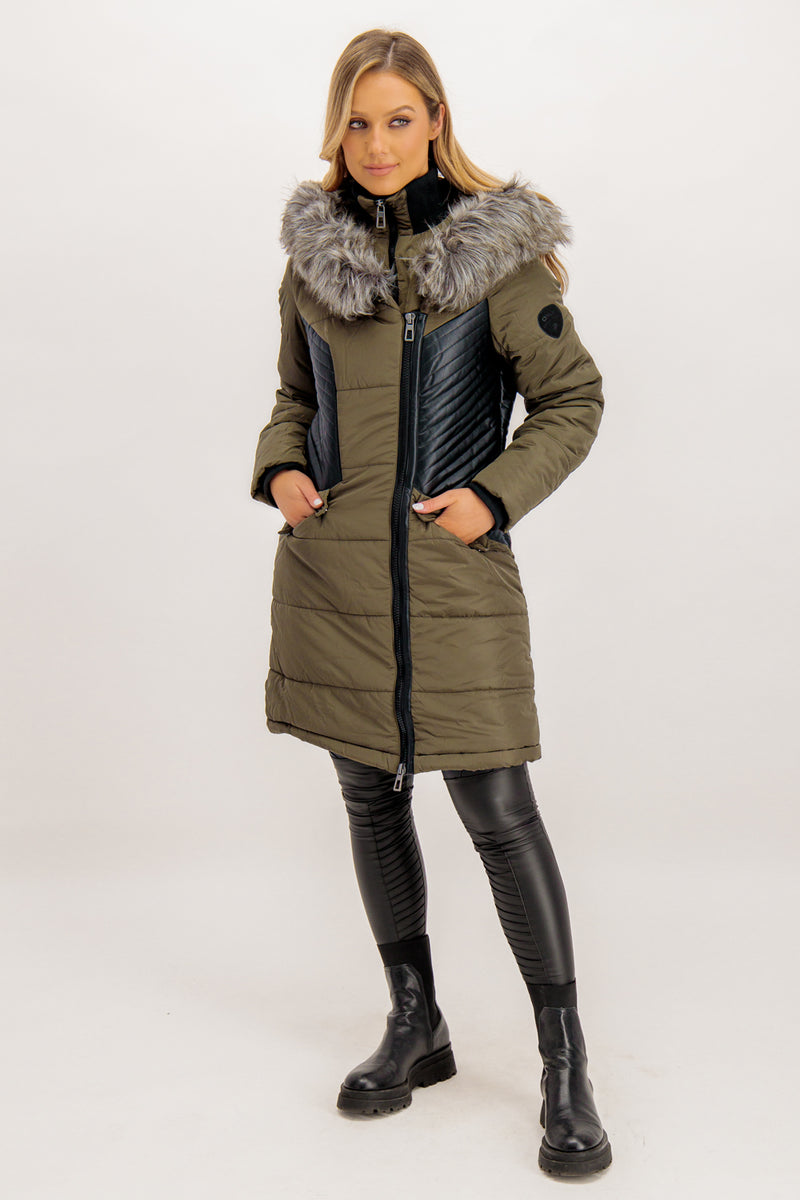 Litta Fur Hooded Green & PU Coat
