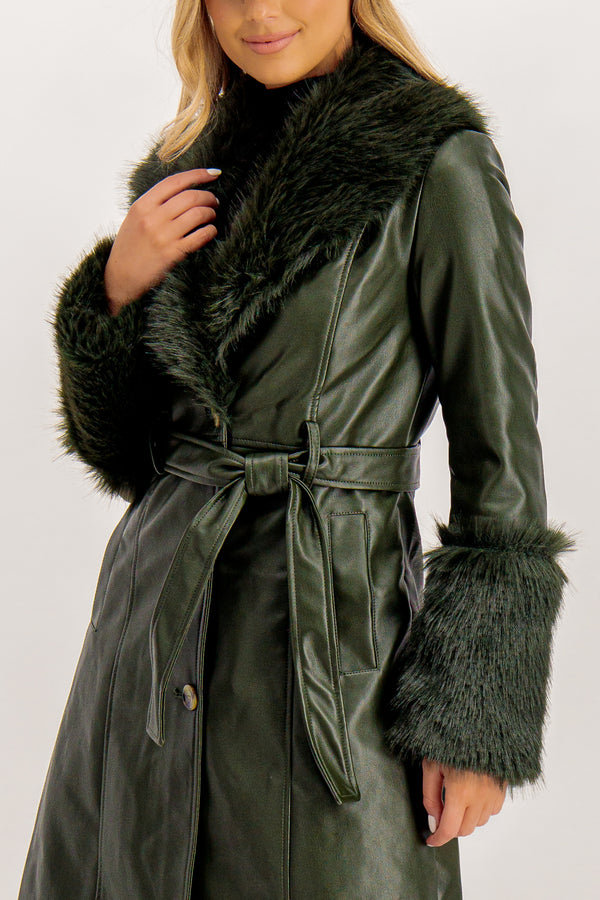 Poppy Faux Leather Green Fur Trim Coat