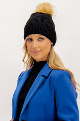 Bina Wool Black Fur Bobble Hat