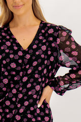 Charlie Long Sleeve Pink & Black Floral Top