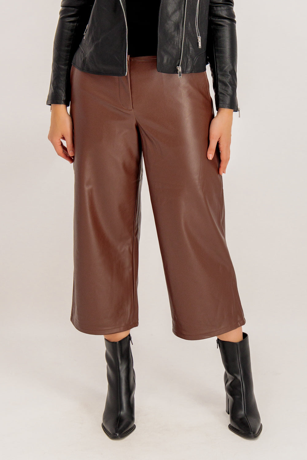 Dagmar Brown Faux Leather Cropped Wide Leg Pants