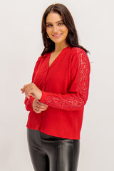 Mette Red Lace Sleeve Top