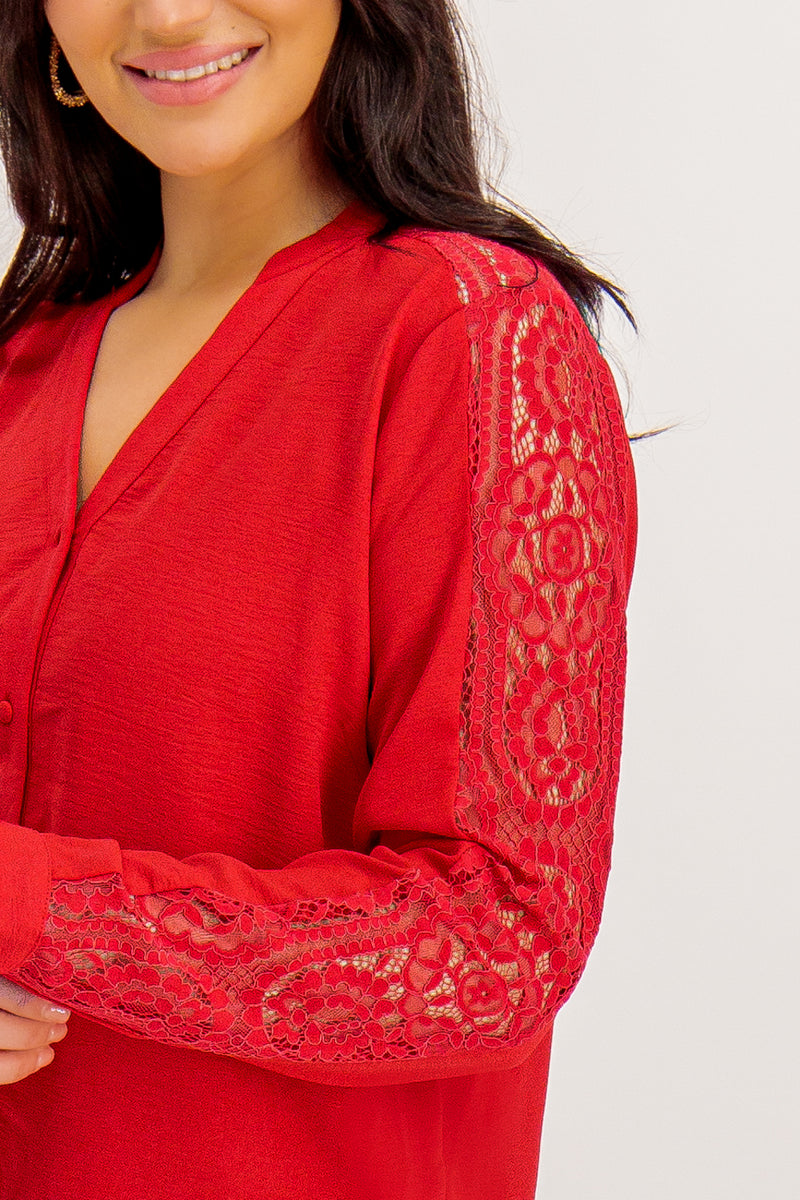 Mette Red Lace Sleeve Top