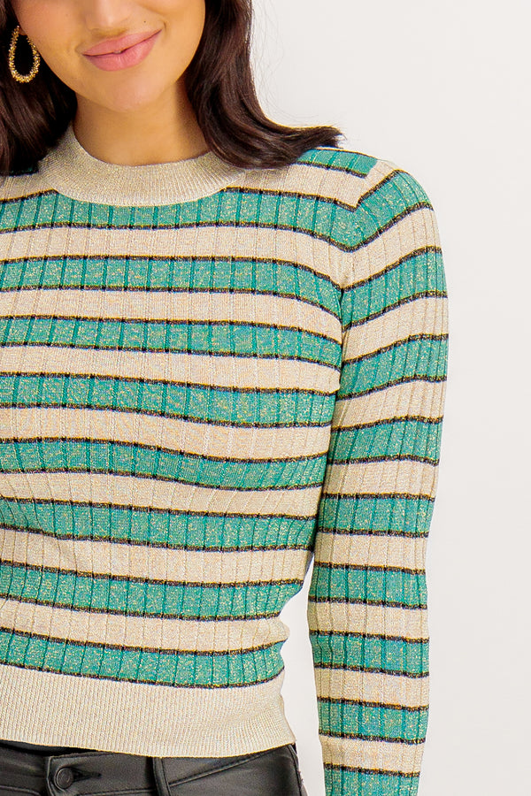 Sia Cream & Green Glitter Stripe Knit