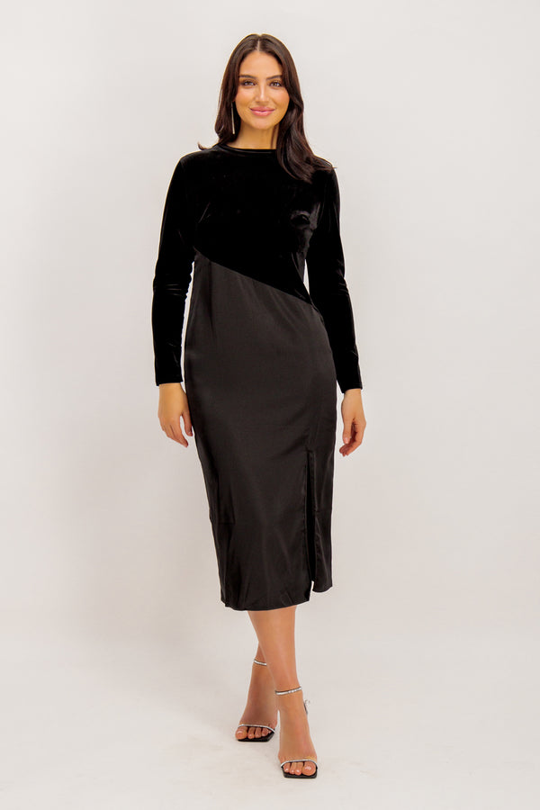 Elle Black Velvet Contrast Midi Dress