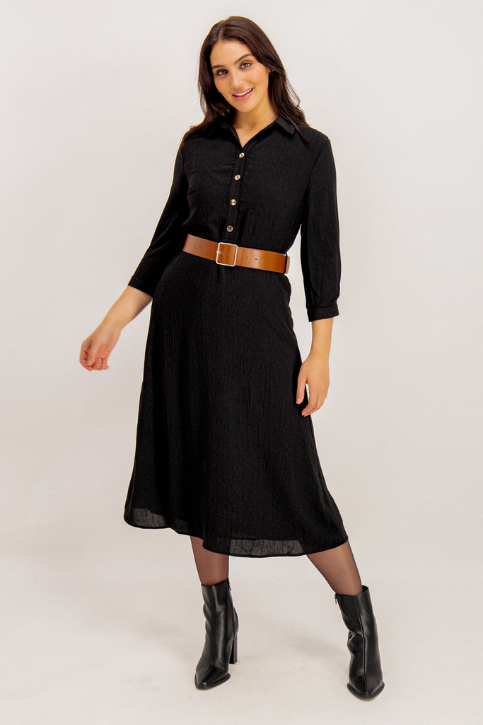 Sophia Black Belted Midi Shirt Dress