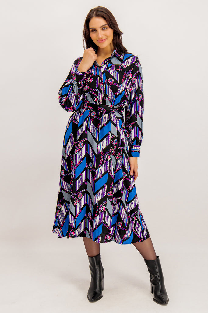 Kylie Blue & Pink Chain Print Midi Dress