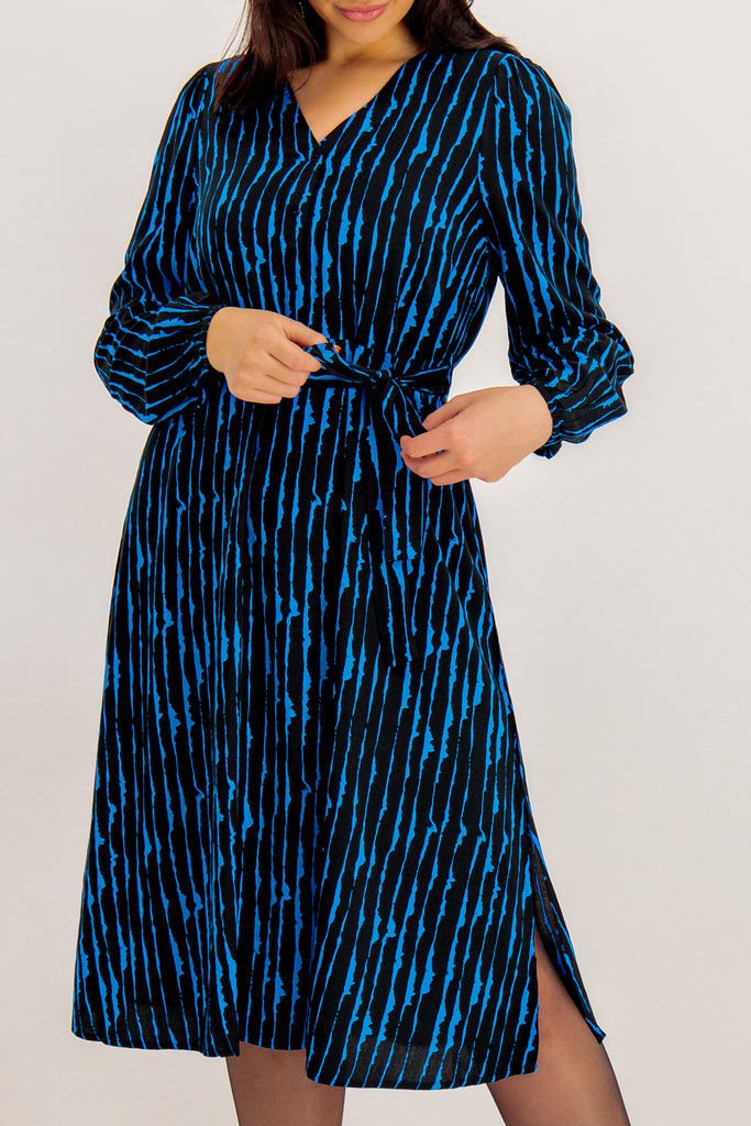 Kammy Blue & Black Belted Midi Dress