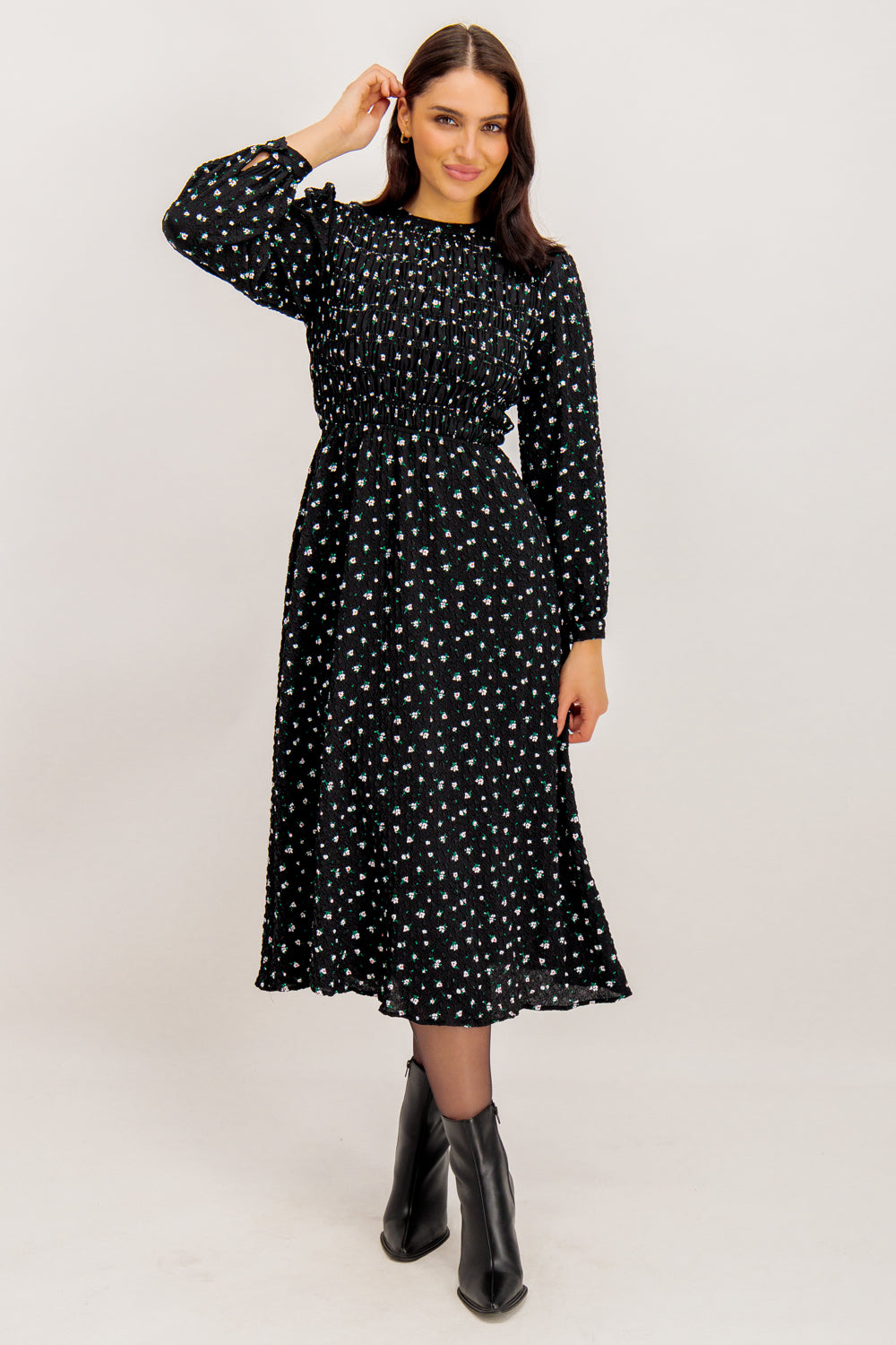 Aimee Black Floral Print Midi Dress