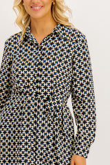 Ace Long Sleeve Cream & Blue Geo Shirt Dress