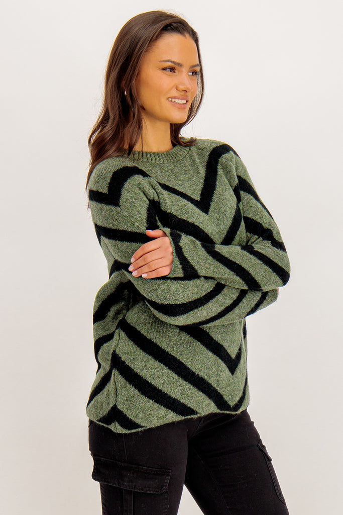 Eliza Green & Black Striped Knit