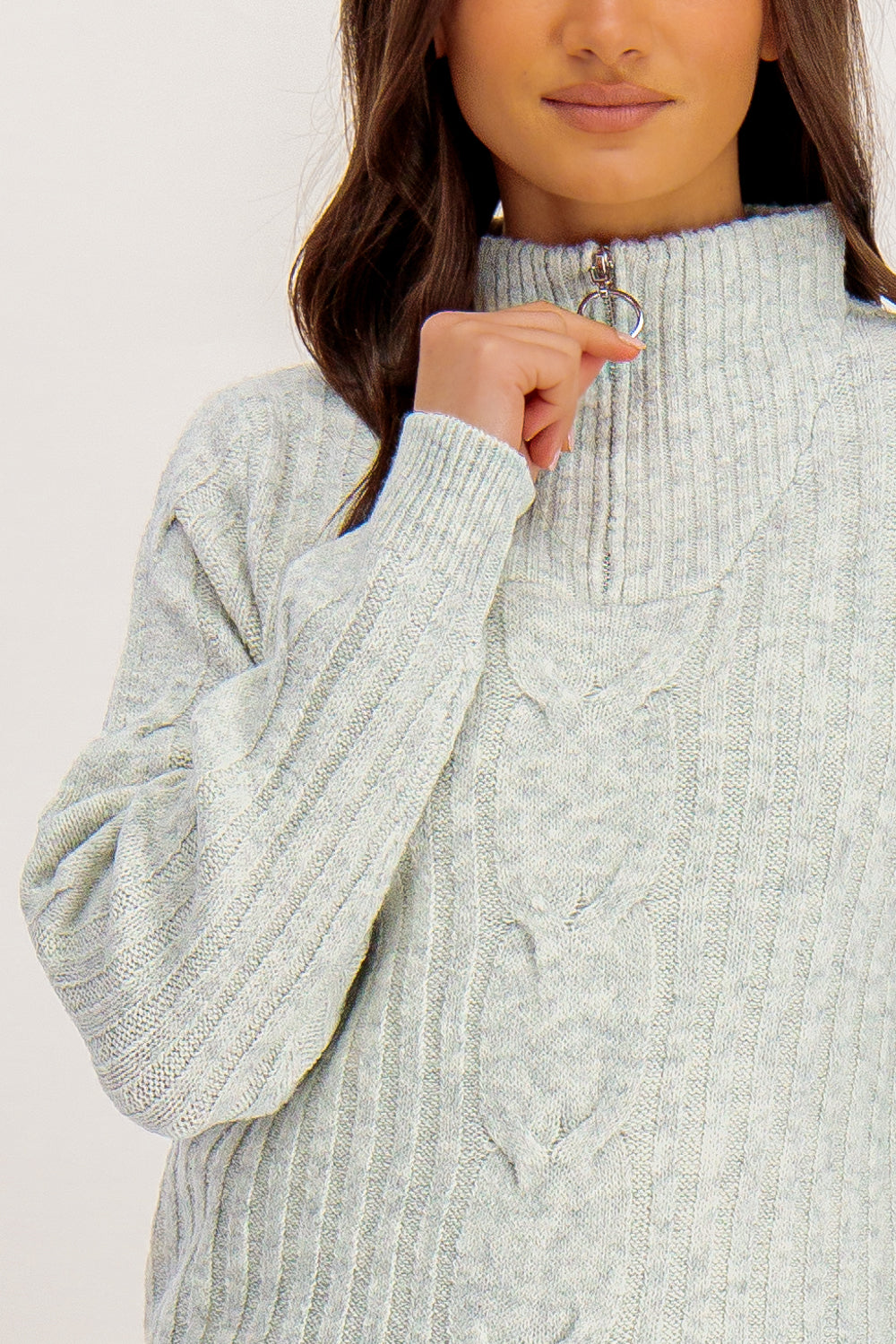 Andrea Light Grey Zip Cable Knit
