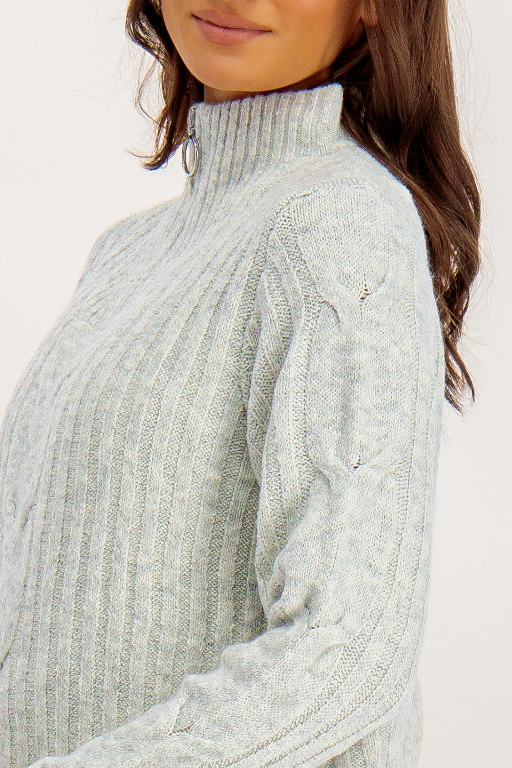 Andrea Light Grey Zip Cable Knit