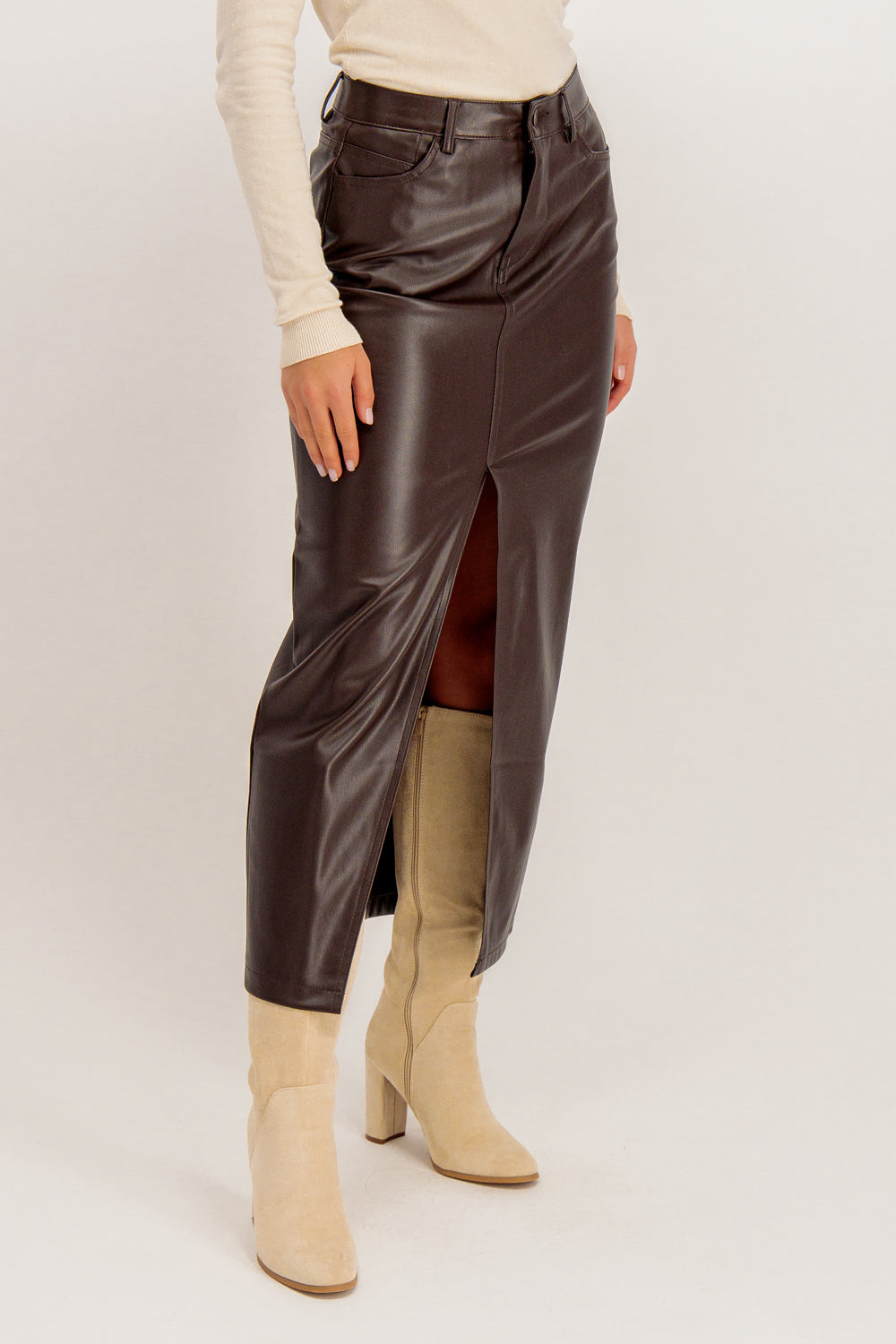 Beverly Coffe Brown Faux Leather Skirt