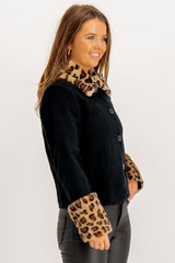 Linara Leopard Print Faux Fur Black Jacket