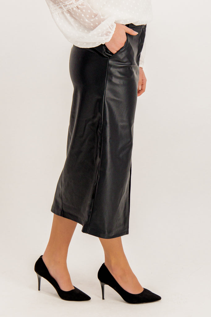 Heidi Black Faux Leather Slit Midi Skirt