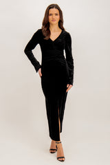 Natalie Long Sleeve Velvet Ruched Split Dress