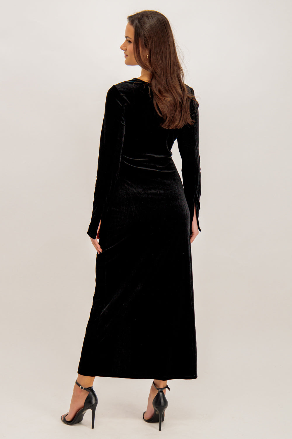 Natalie Long Sleeve Velvet Ruched Split Dress