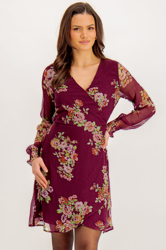Marya Wine Floral Print Short Wrap Dress
