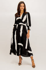 Rexa Black & White Printed V-Neck Midi Dress