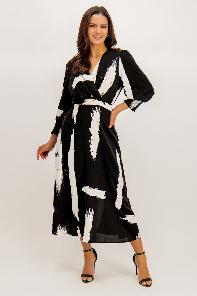 Rexa Black & White Printed V-Neck Midi Dress