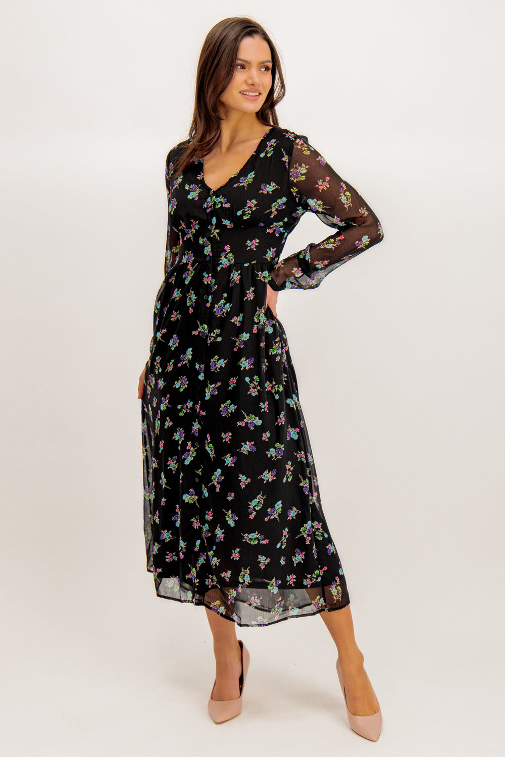 Malina Black Floral Print Midi Dress