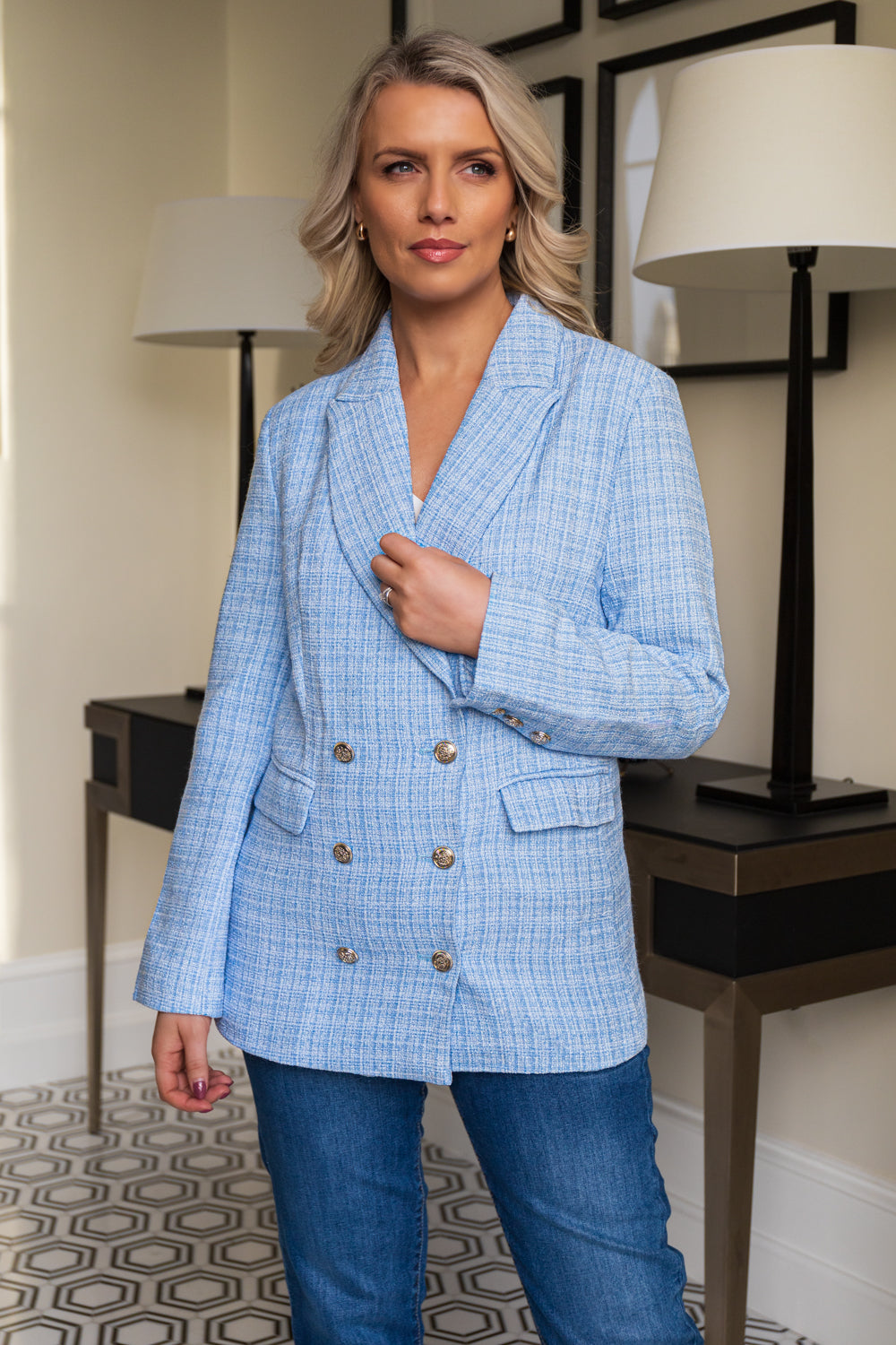 Liana Blue Double Breasted Tweed Blazer