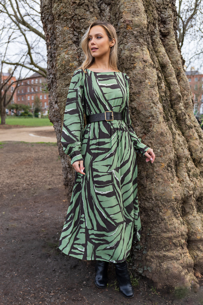 Brielle Navy & Green Leopard Print Long Sleeve Shirt Maxi Dress