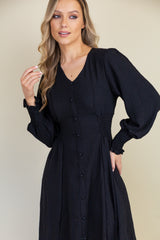 Maddie Black Button V-Neck Midi Dress