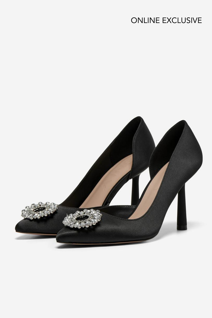 Prya Embellished Black Satin Heels