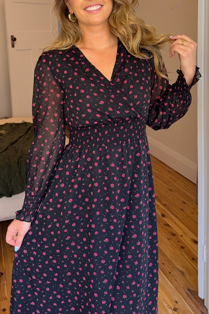 Brielle Black Ditsy Printed Midi Dress