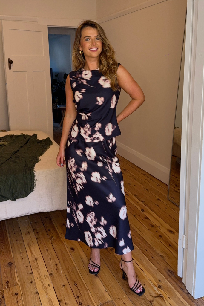 Black & Beige Printed Midi Skirt