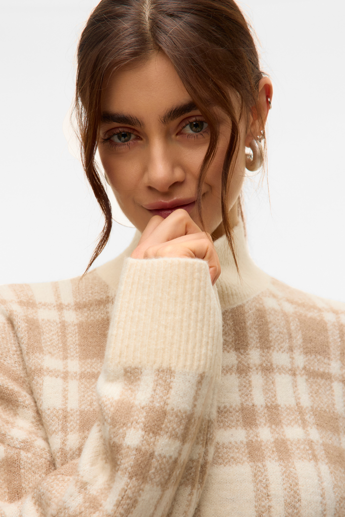 Maira High Neck Cream Check Knit