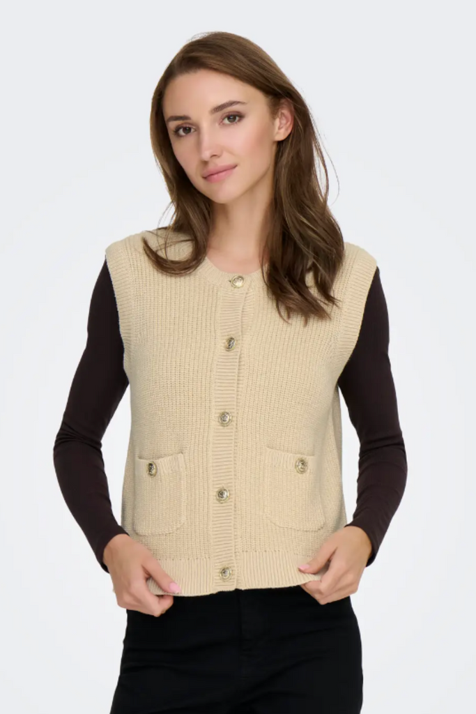 Stella O-Neck Beige Button Vest Top