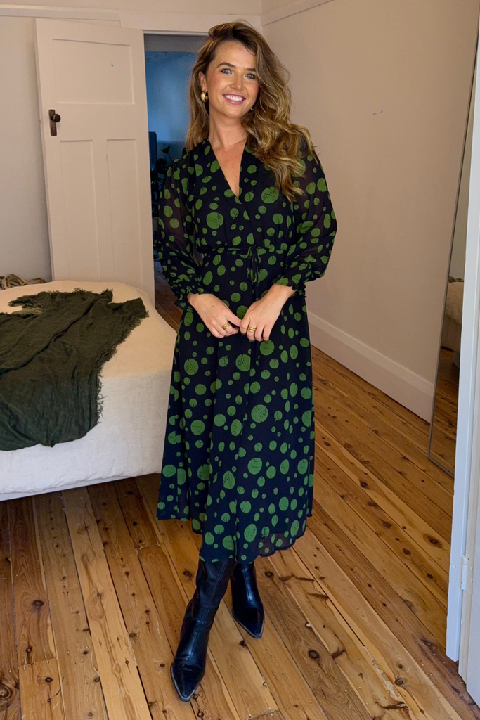 Megan Black & Green Printed Midi Dress
