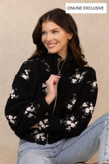 Valentina Black Floral Embroidered Zip Fleece