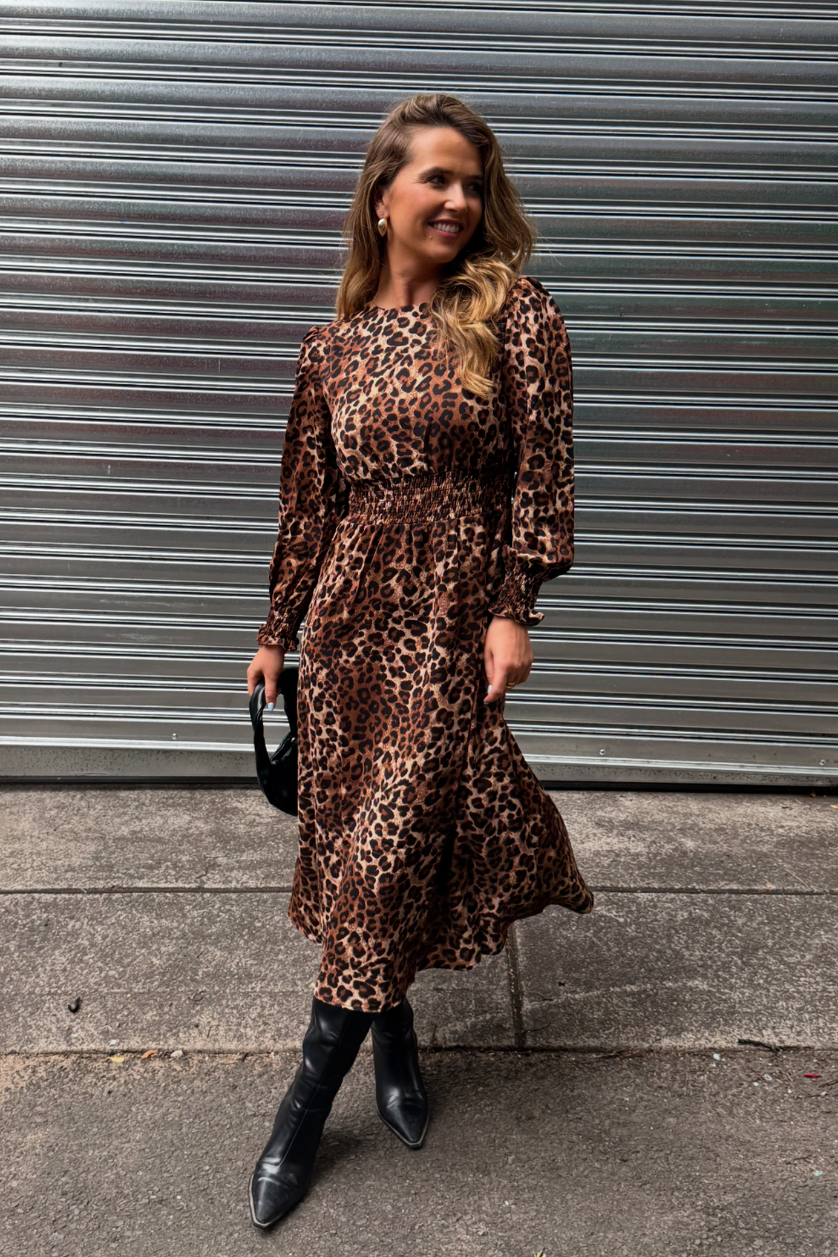 Leila Brown Leopard Printed Midi Dress