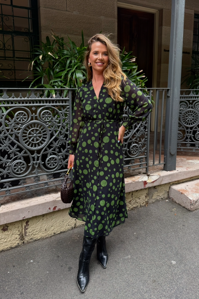 Megan Black & Green Printed Midi Dress